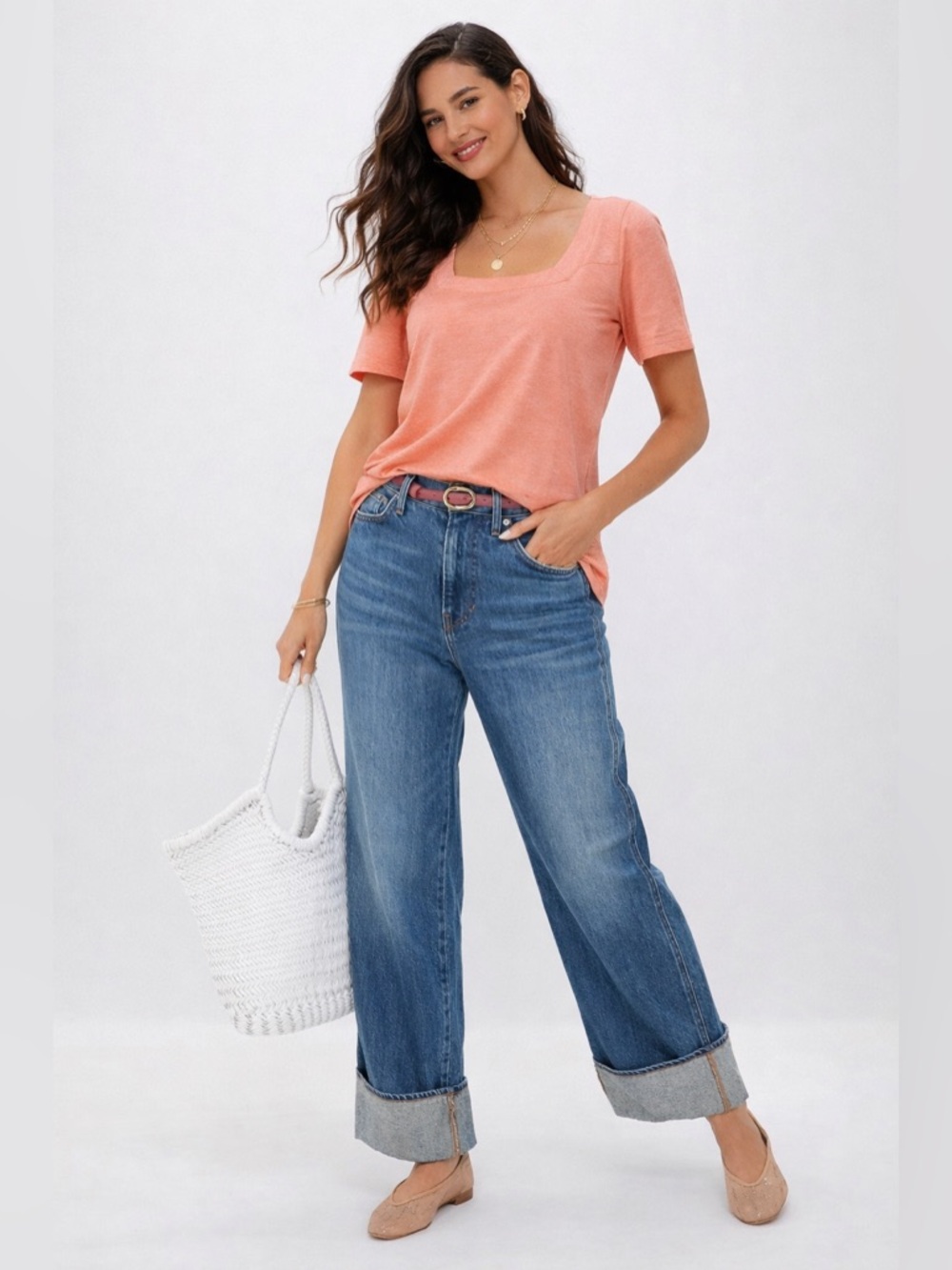 Soft Peach Coral Square Neck Tee | Minimalist Everyday Basic | M - Picture 3 of 6